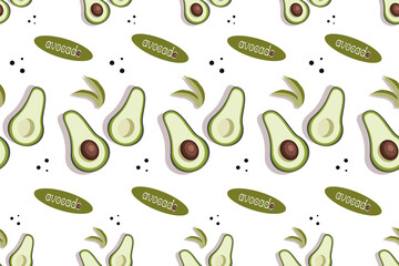 seamless pattern with avocado, half with and without pits, green leaves on a white background, stylized vector graphics