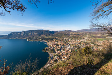 Aerial View of the Small Garda Town, tourist resort on the coast of Lake Garda, view from the Rocca di Garda, small hill overlooking the lake. Verona province, Veneto, Italy, Europe.