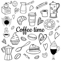 Doodle-style  Vector illustration coffee and desserts, cakes, coffee maker