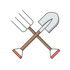 Shovel and pitchfork, simple gardening icon in trendy line style isolated on white background for web apps and mobile concept. Vector Illustration