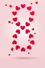 Number eight made from red hearts fly on pink.International Women's Day, creative concept March 8, greeting card, levitation, holiday background, advertising, web, social media, poster, flyer.Vertical