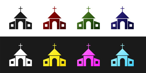Set Church building icon isolated on black and white background. Christian Church. Religion of church. Vector.