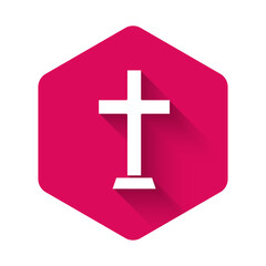 Fototapeta premium White Christian cross icon isolated with long shadow background. Church cross. Pink hexagon button. Vector.