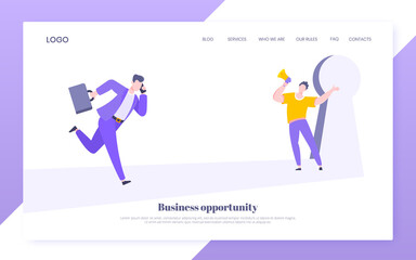 Business key opportunity concept with keyhole and ambitious people running to career potential and work financial success flat style vector illustration. New way business beginnings and unlock future.