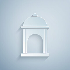 Paper cut Muslim Mosque icon isolated on grey background. Paper art style. Vector.