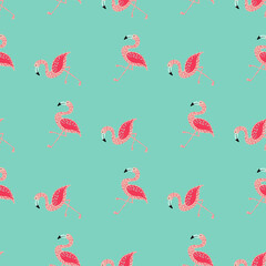 Random bright seamless pattern with pink flamingo simple elements. Blue background. Exotic animal shapes.