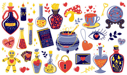 Love potion. magical objects for fortune telling or clairvoyance. Bottles and vials with alchemical beverages. Isolated witchcraft tools and mystical symbols. Spell book or fortune-telling cards.