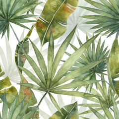 Seamless pattern with watercolor tropical leaves - obrazy, fototapety, plakaty