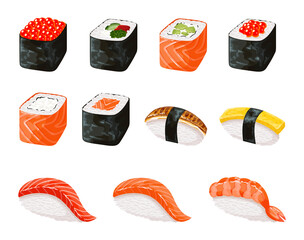Sushi roll icons detailed photo realistic vector set. Realistic sushi set. Japanese cuisine, traditional food.