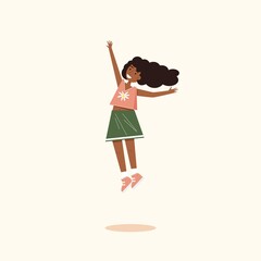 Smiling jumping vector isolate girl illustration in the green skirt on the pink background 