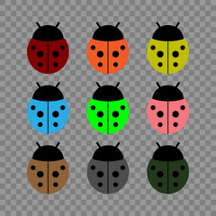Set of multi-colored ladybugs on transparent background. Flat. Vector illustration