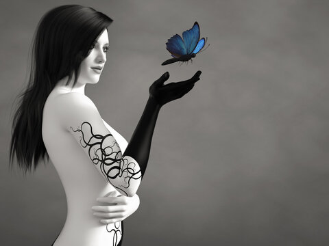 3D rendering of grayscale woman with blue butterfly.