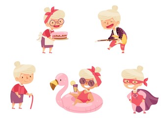 Set of cute grandmother. Funny granny. Cartoon characters isolate on white background. Vector illustration.