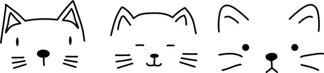 Set of minimalistic cat faces (art line) cartoon style with no background in black white color
