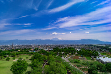 富士山と甲府盆地。晴天。
