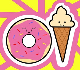 ice cream and donut cartoon illustration 