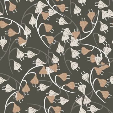 Decorative seamless pattern with grey and beige colored bell flowers shapes. Brown background.