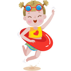 little girl jumping. Children holding a rubber ring. kid jump on the sand in summer. Hello summer children's fashion during school holidays. Playing for fun or sports.