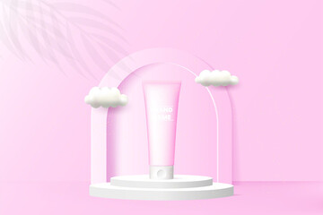cosmetic ads banner with podium on pink background.