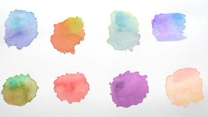 set of abstract splashes paint brush of colorful multicolored watercolor on white paper background