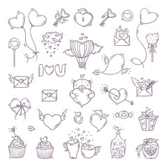 Big set of lovely objects for st. Valentines day in doodle style on white background