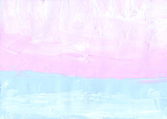 Abstract pastel pink, blue and white textured background. Minimalist painting. Brush strokes on paper. Modern art.