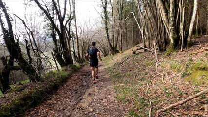 Obraz premium young man trail running in the mountains