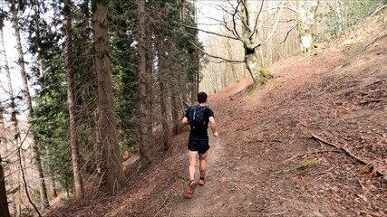 Fototapeta premium young man trail running in the mountains