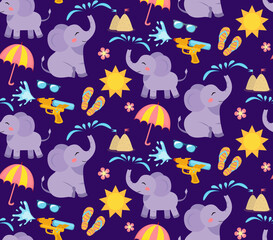 Songkran festival in Thailand. Colorful seamless Pattern with gun,elephant, water
