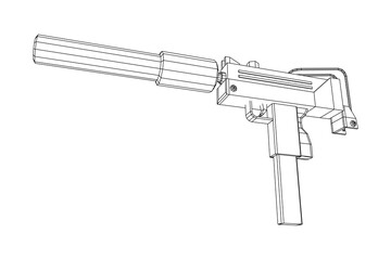 Submachine gun modern firearms pistol with silencer. Wireframe low poly mesh vector illustration.