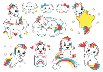 Cartoon set happy baby unicorn,  vector illustration