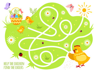 Maze for young children. Help the Chicken find the chicks. Illustration in the style of cartoon. The vector is isolated on a white background.