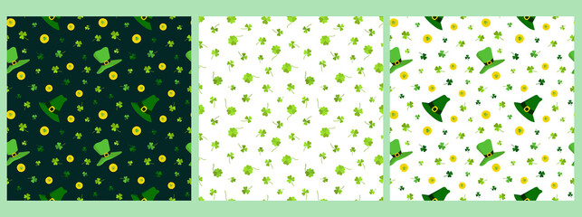 set of seamless vector pattern for St. Patrick's Day with clover, gold coins, and green leprechaun hat on a white background, for postcards, gifts, packaging, holiday