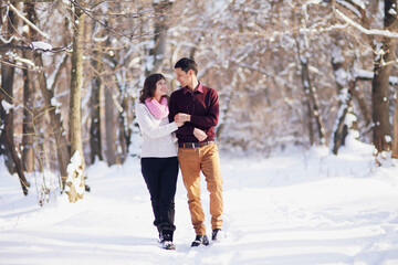 Fototapeta na wymiar Young couple walking through the winter forest holding hands