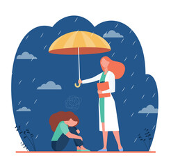 Fototapeta na wymiar Counselor helping depressed client. Psychologist with umbrella above anxious woman. Flat vector illustration. Mental health, depression, anxiety concept for banner, website design or landing web page