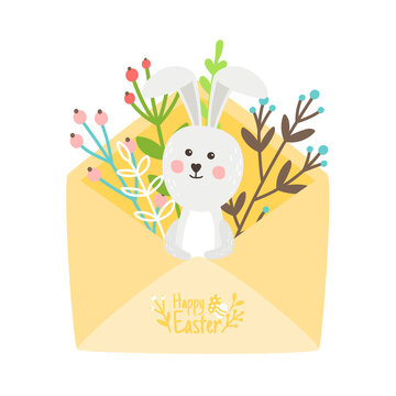 Happy Easter card with rabbit. Cartoon specials paper with blossom branches, happy bunny in holiday postcard, vector illustration of celebrating spring day isolated on white backgro