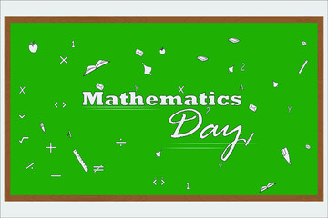 Mathematics Day, vector illustration with books and chalkboard background.