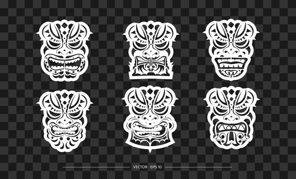 Polynesia Mask Pattern Set. The contour of the face or mask of a warrior. Polynesian, Hawaiian or Maori patterns. Template for print, t-shirt or tattoo