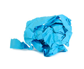crumpled ball of blue paper on white background
