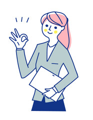 ノートパソコンを持ってOKサインをするビジネスウーマン