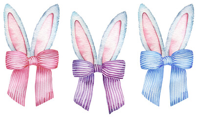 Gray and pink color bunny ears with striped colorful bows. Watercolor Easter illustration isolated on white background.