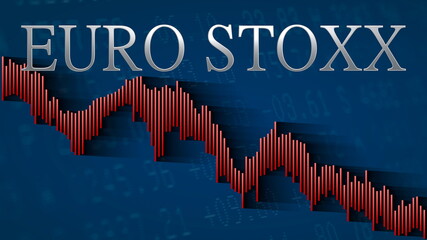 The EURO STOXX, a stock market index of the Eurozone keeps falling. The red descending bar chart on a blue background with the silver headline indicates a bearish market.