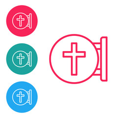 Fototapeta premium Red line Christian cross icon isolated on white background. Church cross. Set icons in circle buttons. Vector.