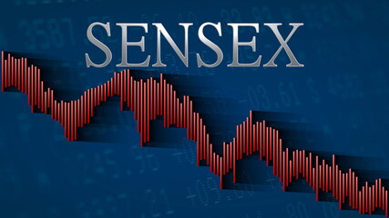 The BSE SENSEX stock market index of Bombay Stock Exchange keeps falling. The red descending bar chart on a blue background with the silver headline indicates a bearish market.