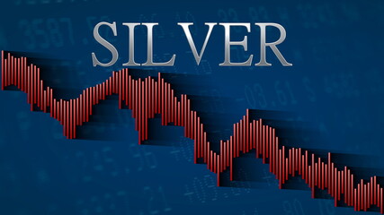 The price of  silver, a commodity and precious metal, keeps falling. The red descending bar chart on a blue background with the silver headline indicates a bearish market.