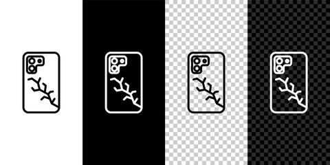 Set line Smartphone with broken screen icon isolated on black and white, transparent background. Shattered phone screen icon. Vector.