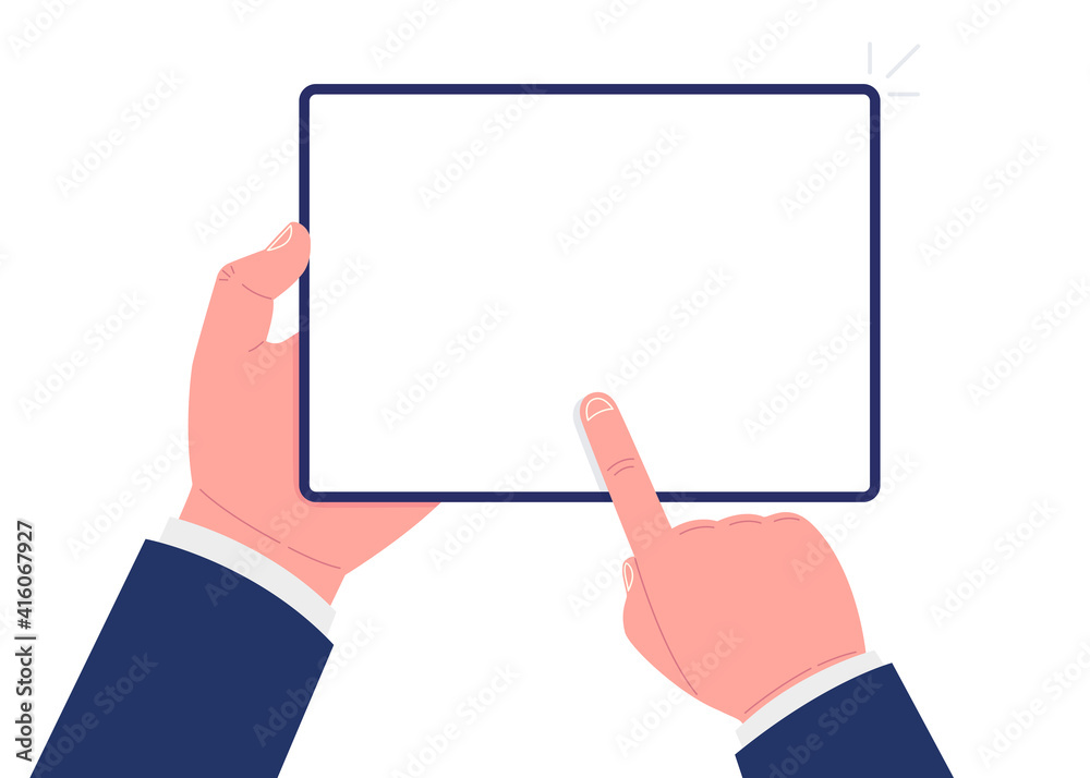 Wall mural tablet in hands. hand holding tablet and touching screen. mockup for your design. vector.