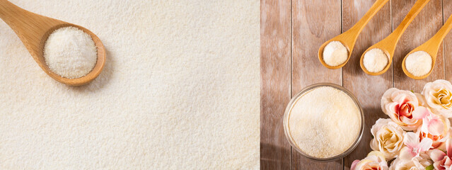 Organic gelatin powder - Hydrolyzed collagen. Text space