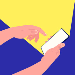One hand holds a smartphone and the other touches the screen. Yellow light from the smartphone. Mockup for your design. Vector.