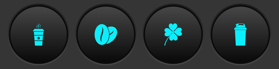 Set Coffee cup, beans, Four leaf clover and Fitness shaker icon. Vector.